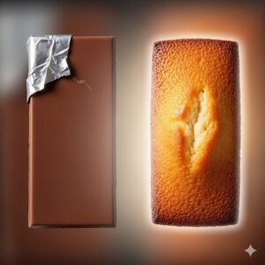 チョコレートとフィナンシェを並べ、フィナンシェにのみ焦点を当てた写真。