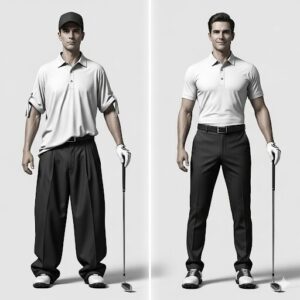 だぶだぶのウェアを着た人物と、体にフィットしたシャープなウェアを着た人物を対比。