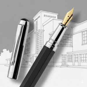 バウハウス建築のような幾何学的なデザインと、ラミーのペンのシルエットを融合させたイラスト。