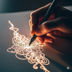 ラミーのペンを手に、光り輝く傑作を描いている人物。