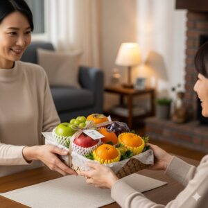 友人や家族に、親しみやすいフルーツギフトを手渡している写真。