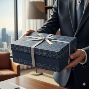 スーツを着た人物が、格式高いギフトボックスを贈っている写真。