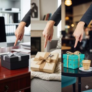 3つの異なるギフトボックスを前に、どのシーンに合うか選んでいる人物。
