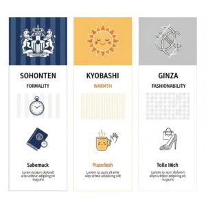 フォーマル、親しみやすい、おしゃれという3つのコンセプトで千疋屋を比較したイラスト。