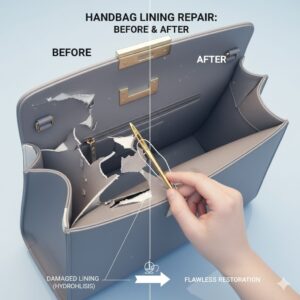 内側が剥がれたバッグが、修理によって新しく生まれ変わる様子を断面図で表したイラスト。