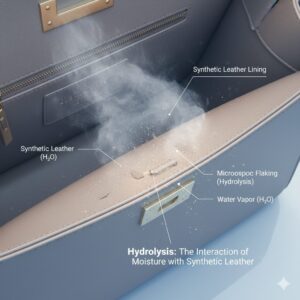 合成皮革のバッグの内側が、空気中の水分と反応して剥がれていく様子をイラストで表現。