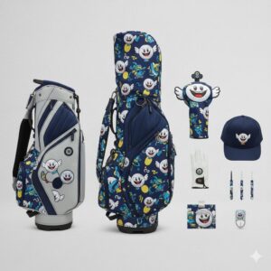 遊び心のあるデザインが施された、ゴルフバッグ、ヘッドカバー、キャップなどの小物。