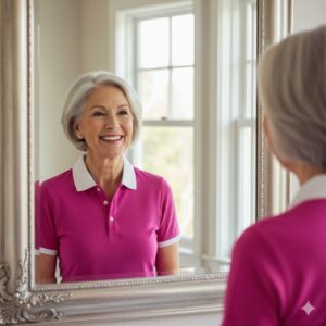明るい色のポロシャツを着て、若返ったように笑顔を浮かべる年配の女性。