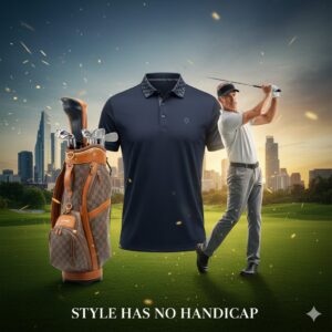 スタイリッシュなキャディバッグと、若々しくゴルフを楽しむ大人のゴルファー。