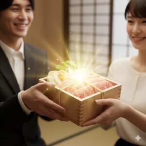 すき焼きのギフトボックスを交換し、おもてなしの心が通じ合う様子。