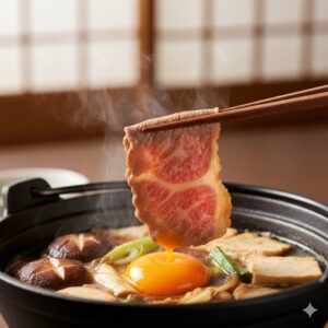 すき焼き鍋から取り出された牛肉を、溶き卵につけている瞬間。
