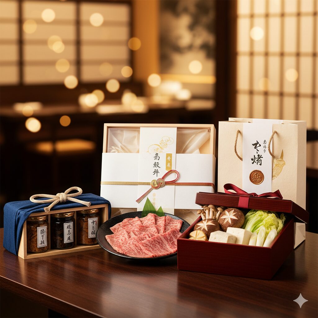佃煮のギフト、霜降り肉の精肉ギフト、伝統的なすき焼きの3つの異なる今半の商品を並べた写真。