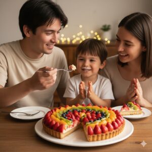 キルフェボンのタルトを囲み、家族や大切な人が笑顔で幸せな時間を共有している様子。