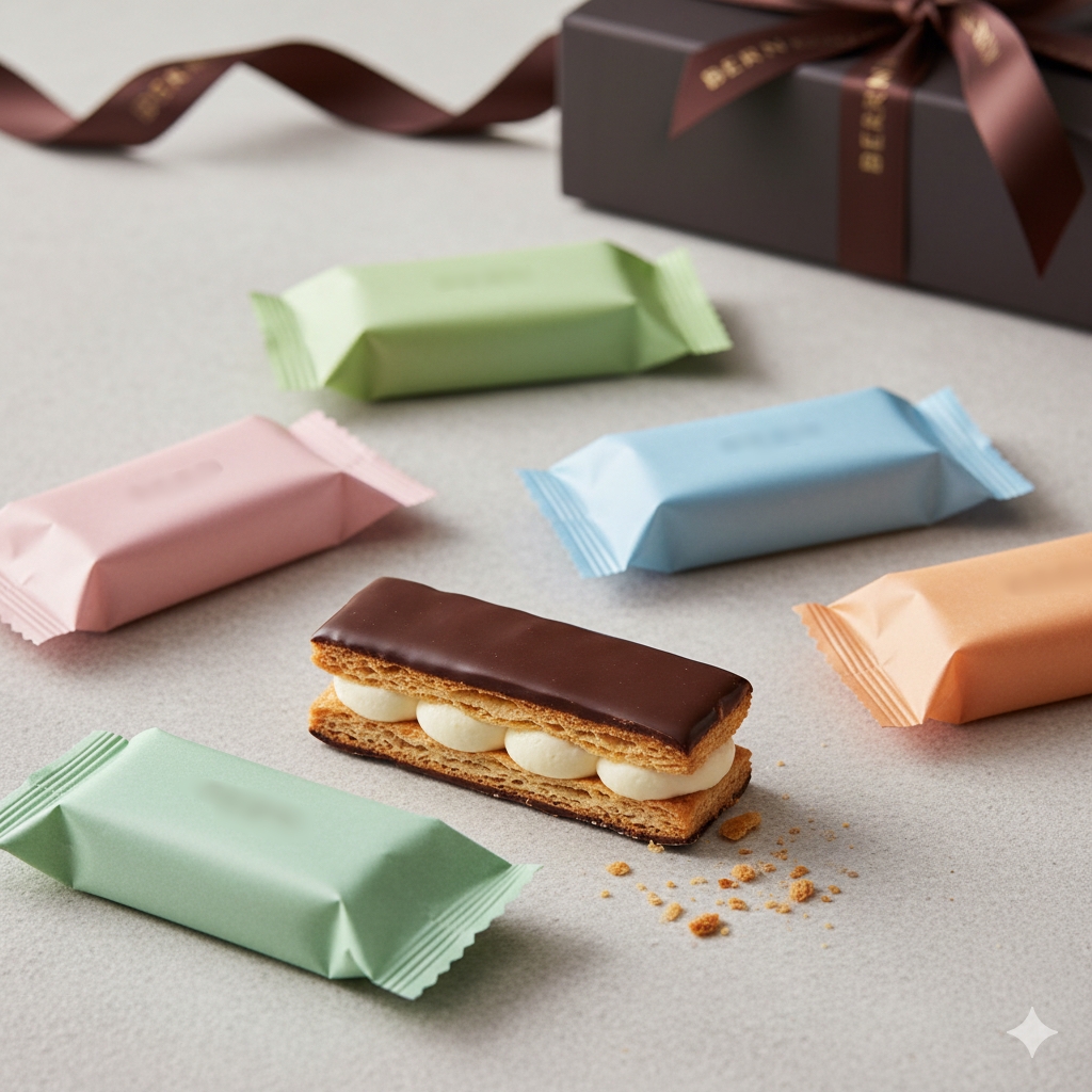 パステルカラーの包み紙と、サクサクのパイ生地、3種のクリームとチョコでコーティングされたベルンのミルフィユ。