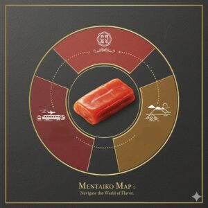 博多明太子の世界を「王道」「限定」「秘境」の3つのエリアに分類し、攻略法を示す秘伝の地図。