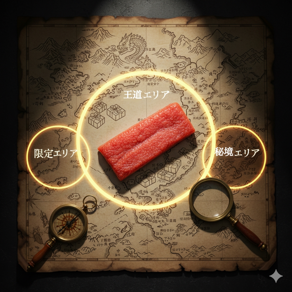 博多明太子を宝の地図に見立て、三大ブランド、限定品、秘境エリアを示す究極の一本を見つけるためのガイドマップ。