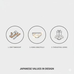 職人技、経年美化、ギフトの3つを象徴するアイコン。