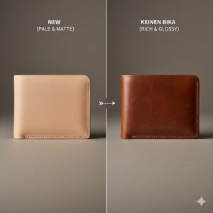 新品の革財布と、使い込まれて艶が出た美しい革財布を比較。