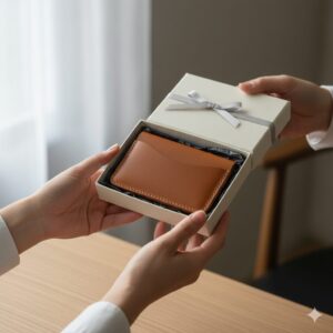 誠実さと信頼を伝える、ロゴの目立たない上質な革製品のギフト。