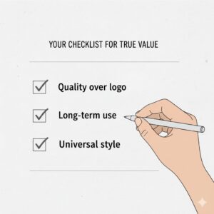 革の品質、長く使う、落ち着いたスタイルといった項目にチェックを入れているイラスト。