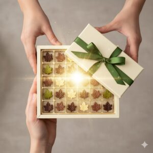箱を開けた瞬間に、色とりどりの小さな葉っぱ型チョコレートが飛び込んでくる様子。
