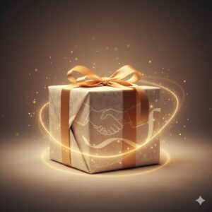 美しくラッピングされたギフトボックスと、それを囲む光、心を通わせるコミュニケーションを象徴。