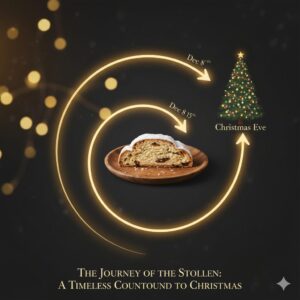 シュトーレン一切れが、クリスマスへ向かう「時間」と「物語」を運んでいる様子。