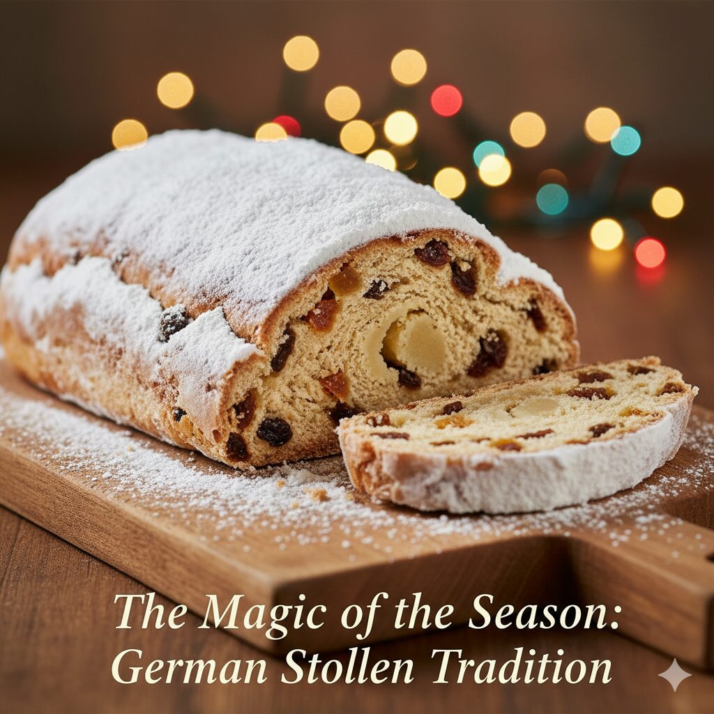 クリスマスの飾りを背景に、粉糖が美しくかかったシュトーレンの全体像と薄くスライスされた一切れ。