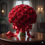 深い赤色の薔薇の花束が、サテンリボンで美しく束ねられた、ロマンチックで高品質なイメージ。