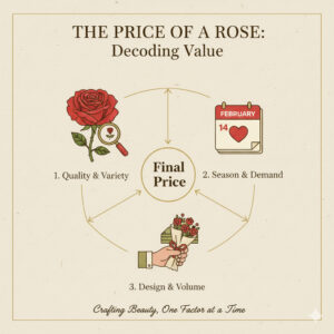 薔薇の価格を決める品種・品質、季節、本数・デザインの3つの要素を示すアイコンと相場。