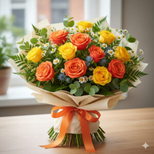 オレンジと黄色の薔薇をメインに、小花を混ぜてボリュームを出した、明るい印象のギフト用花束(3000円~5000円帯)。