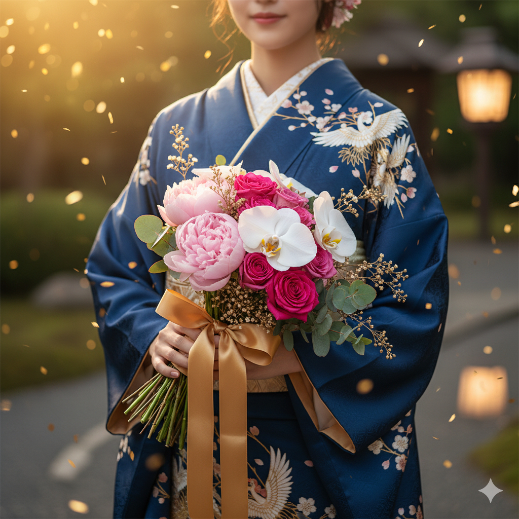 振袖やスーツに似合う、華やかで写真映えする成人式のお祝いの花束。