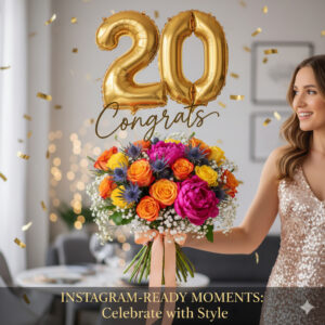花束と「20th」などのメッセージバルーンが組み合わせられた、写真映えするアレンジメント。