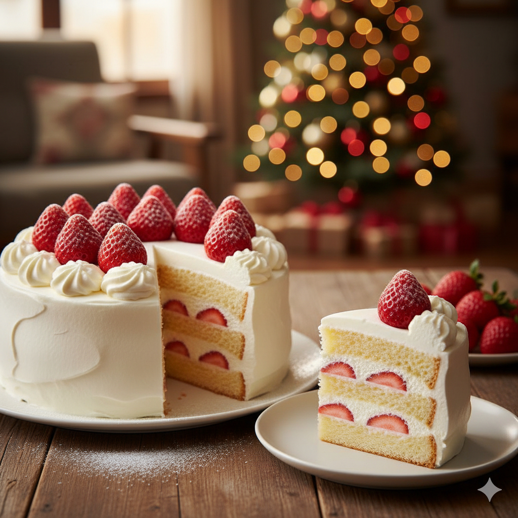 純白のクリームと真っ赤な苺で美しく飾られた、王道のアンリ・シャルパンティエ風クリスマスショートケーキ。