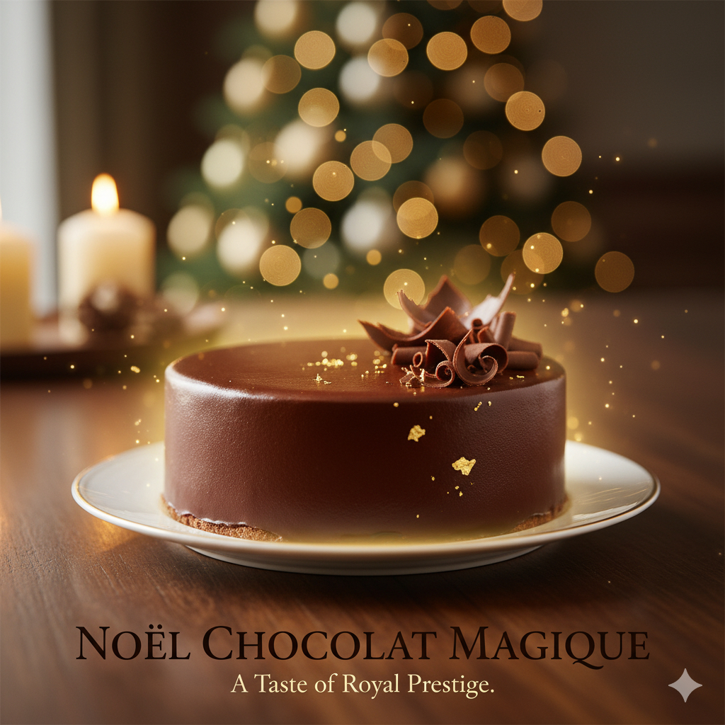 金色の装飾が施された濃厚なベルギーチョコレートのクリスマスケーキが、聖夜の主役として輝く様子。