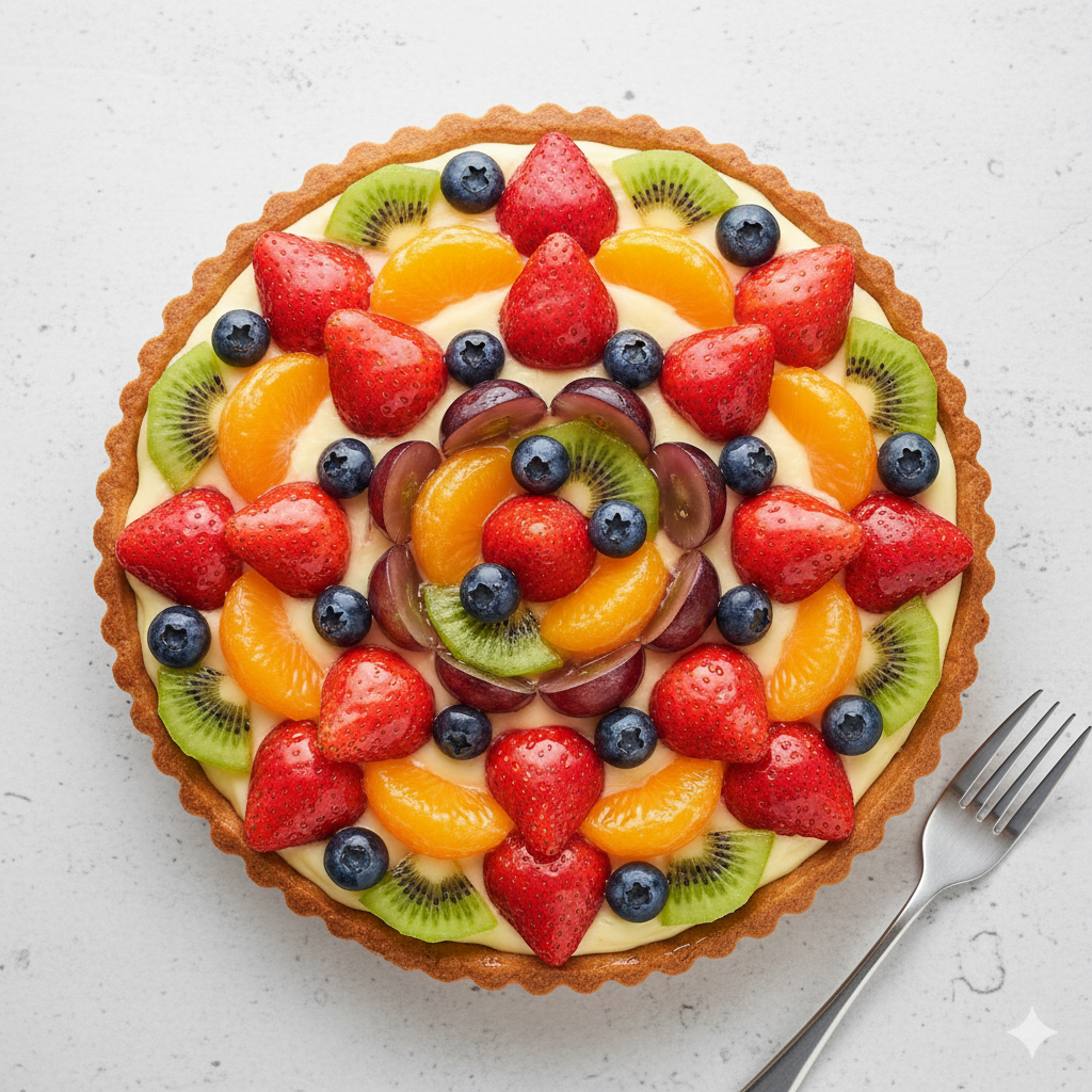 色とりどりのフルーツが宝石のように美しく飾られた、キルフェボン風のタルト。