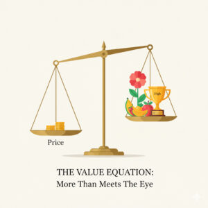 多少高めの価格（値段の目安）に対し、裏切らない美味しさと美しさという高い評価が得られることを示す天秤。