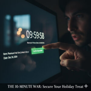 予約開始10分前にパソコンの前にスタンバイし、クリックの瞬間を待つ、クリスマスケーキ予約の様子。
