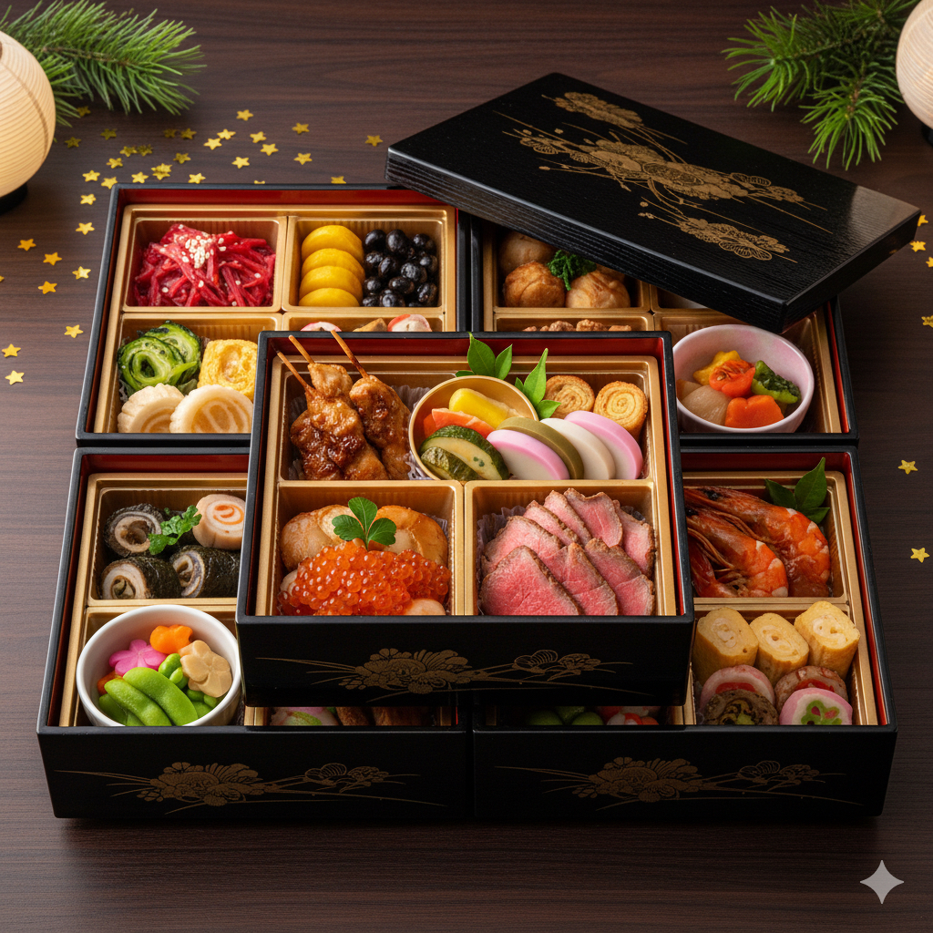 伝統的な和食とローストビーフなどが詰まった、華やかでモダンなおせち料理の三段重。