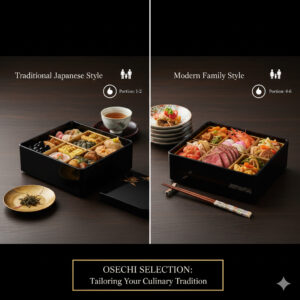 年配者向けの上品な和風おせちと、子どもも喜ぶローストビーフ入りの和洋折衷おせちの対比。