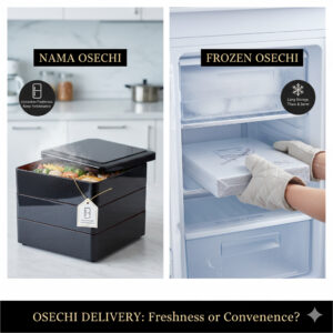 作りたての風味を重視する冷蔵(生おせち)と、保存期間と利便性を重視する冷凍おせちの違い。