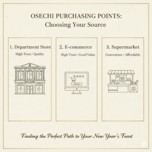 百貨店(信頼性)、通販専門店(コスパ)、スーパー(手軽さ)の3つの購入先の違い。