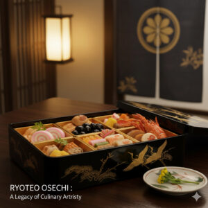 伝統的な盛り付けと上質な素材を強調した、高級料亭監修の和風おせち。