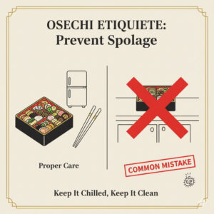 常温保存の危険性と、冷蔵庫での保管、清潔な取り箸の使用など、おせちの保存で守るべき注意点。