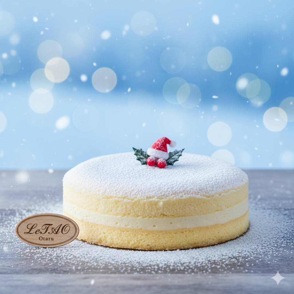 北海道・小樽のルタオのドゥーブルフロマージュを雪の結晶に見立てた、お取り寄せクリスマスケーキのイメージ。