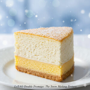 ふわふわのレアチーズムースと濃厚なベイクドチーズケーキの2層構造を持つ、ドゥーブルフロマージュの断面。