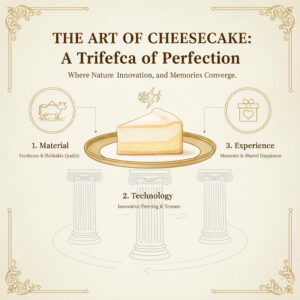 素材の哲学、革新の技術、感動の体験というルタオを支える3つの価値を示す図。