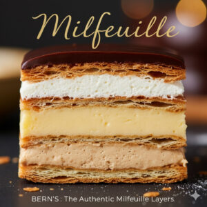 3層のパイ生地と3種のクリーム、3種のチョコレートのコーティングからなる、ベルン独自の黄金比の断面。