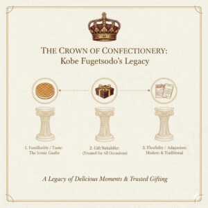 知名度、ギフト適性、柔軟性という、神戸風月堂がギフトの王様である3つの理由を示す図。