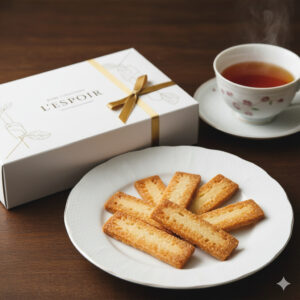 バターとナッツが香る薄焼きラングドシャ「レスポワール」の、上品で万能なギフトパッケージ。
